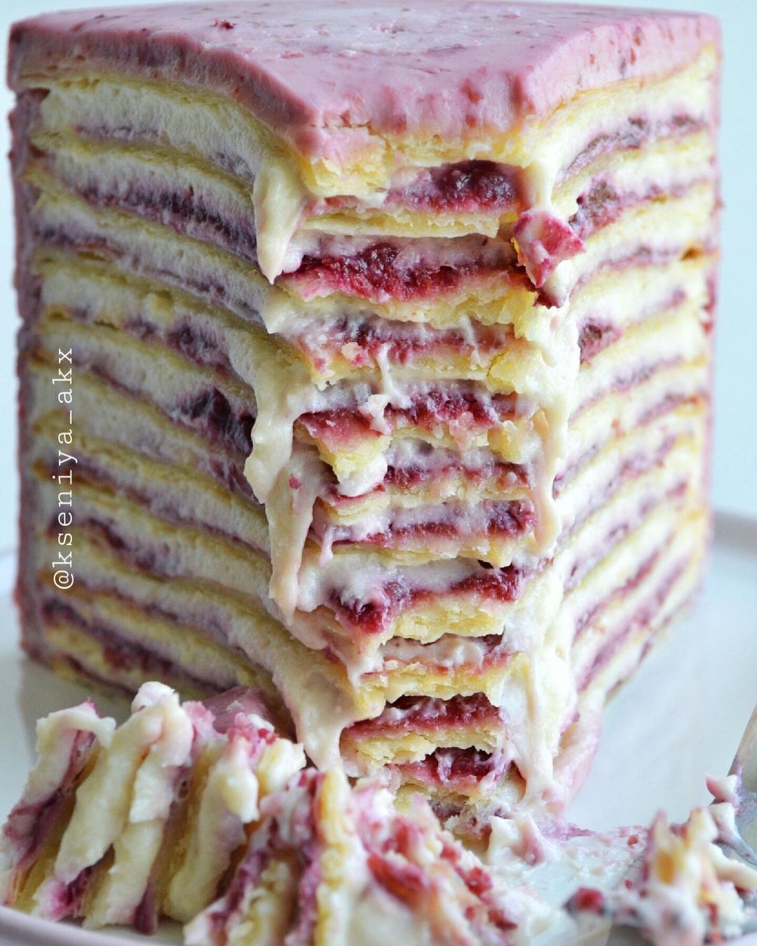Napoleon cake with vanilla custard & cherry jam